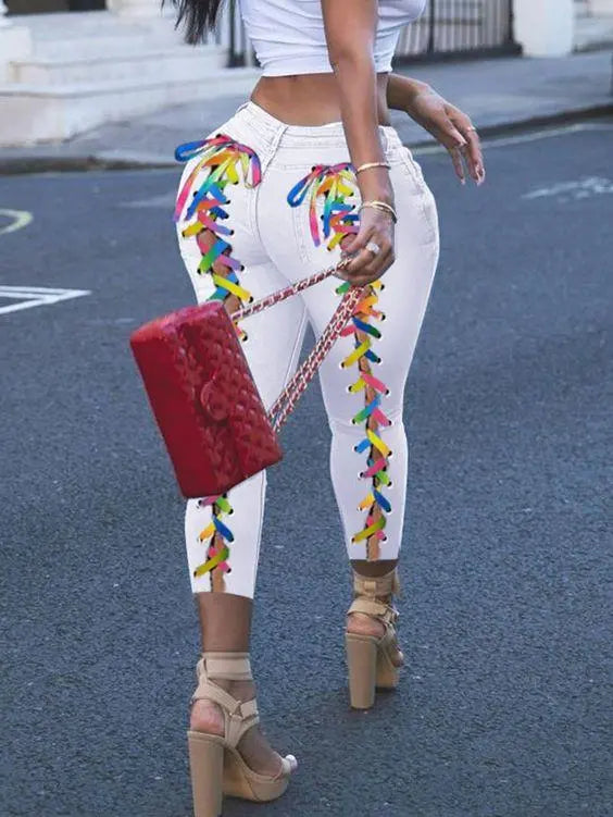 Ladies Colored Rope Decorated Jeans