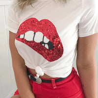 Ladies Sequin Lips Short Sleeve T-Shirt