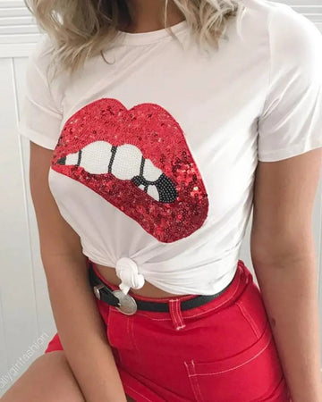 Ladies Sequin Lips Short Sleeve T-Shirt