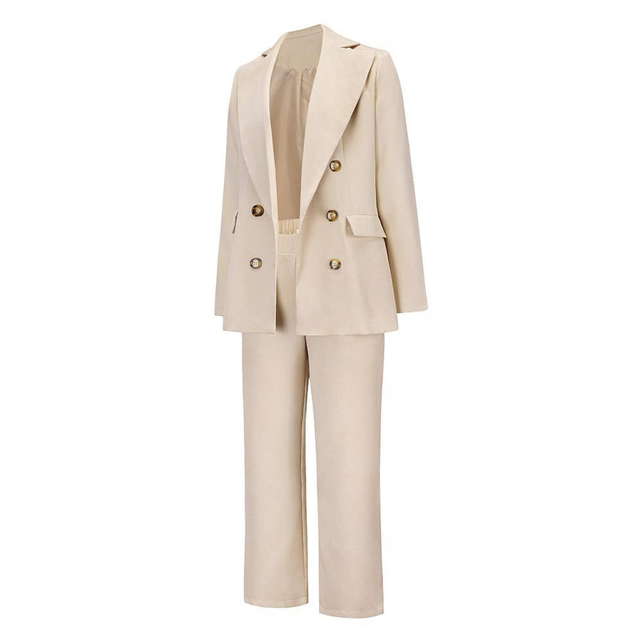 Lapel Collar Double-Breasted Blazer Solid Color Suit