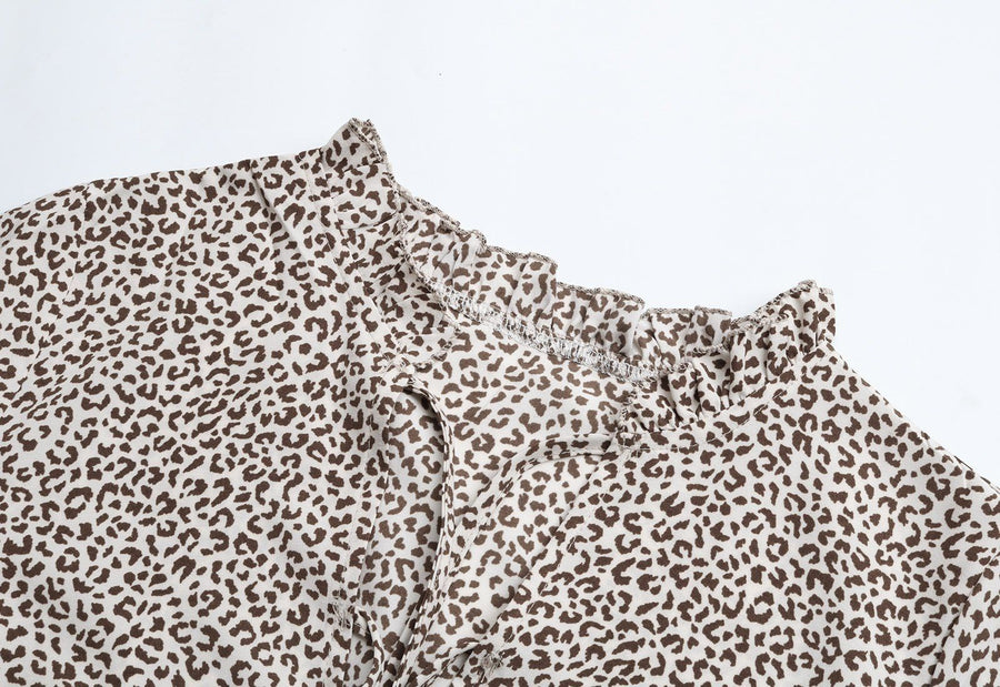 Leopard Flared Sleeve Ruffle Tiered Dress