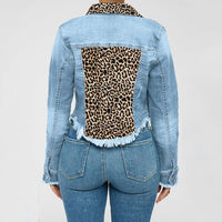 Leopard Patchwork Frotn Pocket Teard Denim Jacket