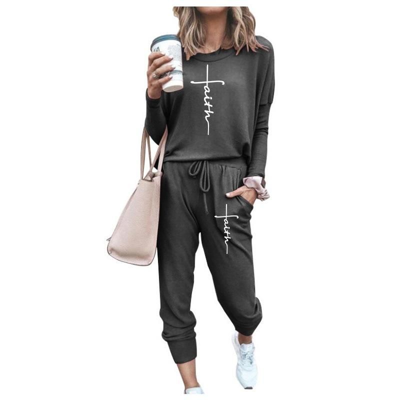 Long Sleeve Letter Round Neck Casual Sets