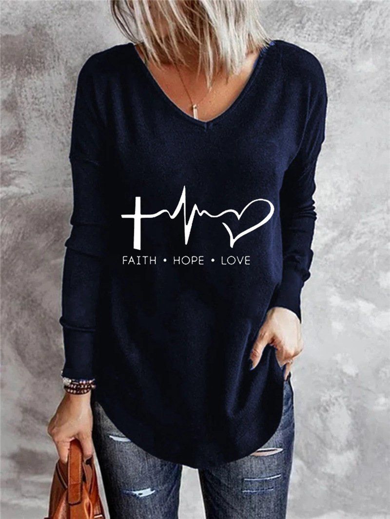 Long Sleeve Love pattern V Neck Casual Tops