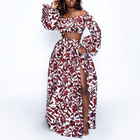Long Sleeve Off Shoulder Geometric Floral Printed Two Piece Skirt Set