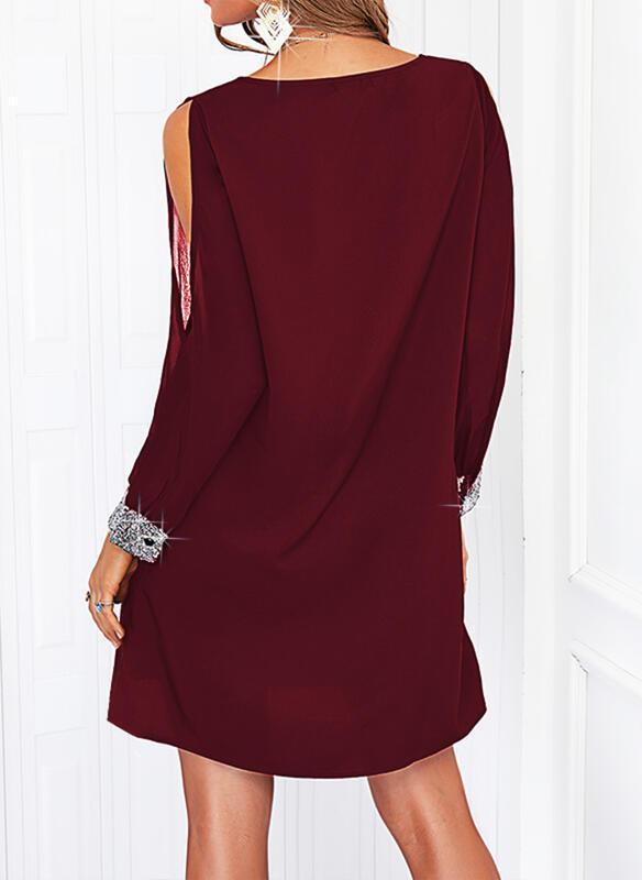 Long Sleeve Sequin V Neck Cold Shoulder Dress