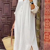Long Sleeve V-Neck Solid Color Cotton Linen Casual Dress