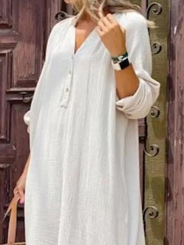 Long Sleeve V-Neck Solid Color Cotton Linen Casual Dress
