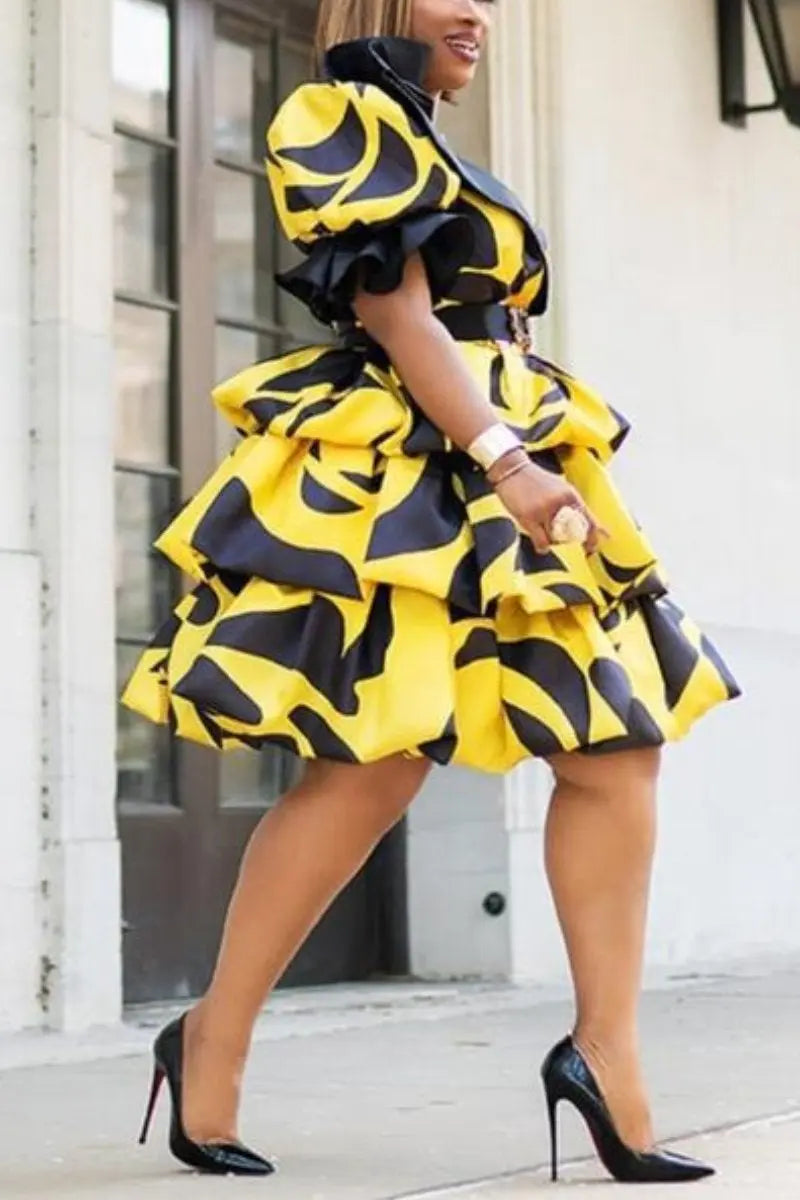 Mid-waist yellow loose large size printed midi dress