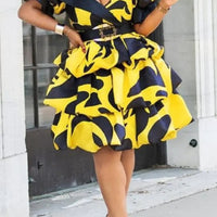 Mid-waist yellow loose large size printed midi dress