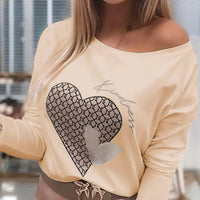 New Long Sleeve Off Shoulder Top With Heart Print