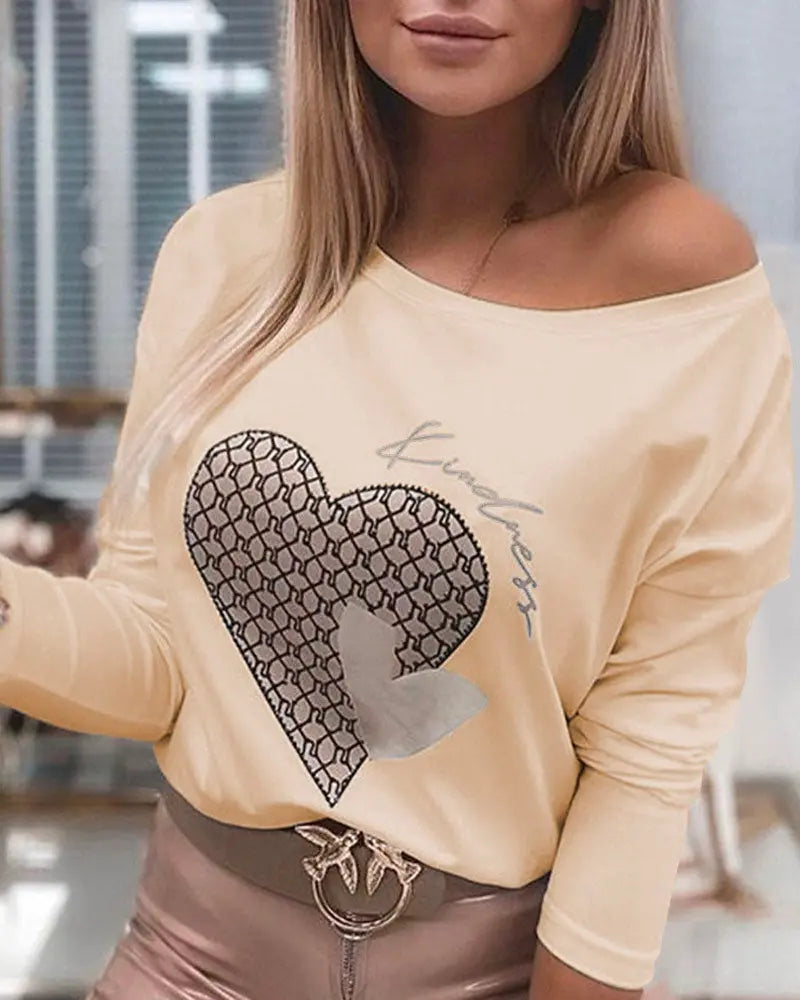 New Long Sleeve Off Shoulder Top With Heart Print