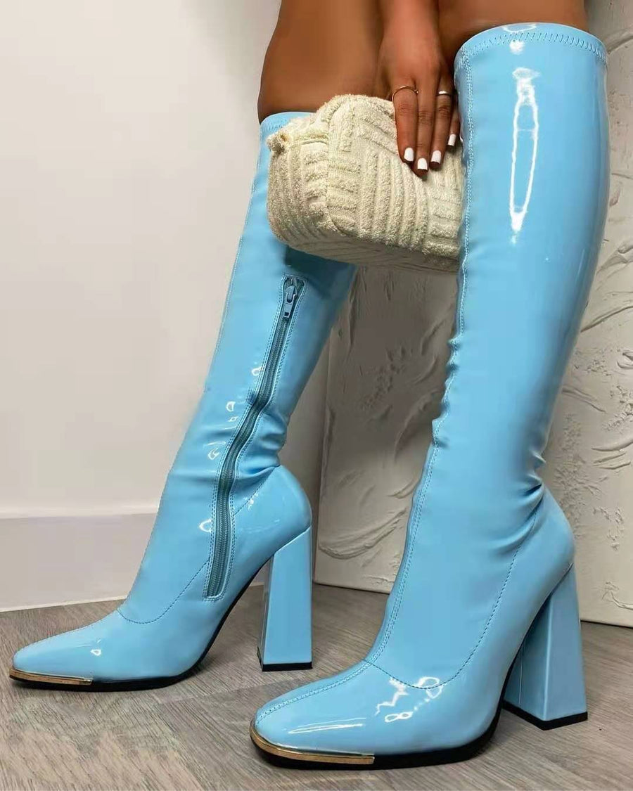 Women's Solid Color Square Head Thick Heel Bright Leather High Heel Long Tube Women's Boots