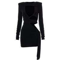 Solid Color Round Neck  Long Sleeve Tied Rope Short Dress Women