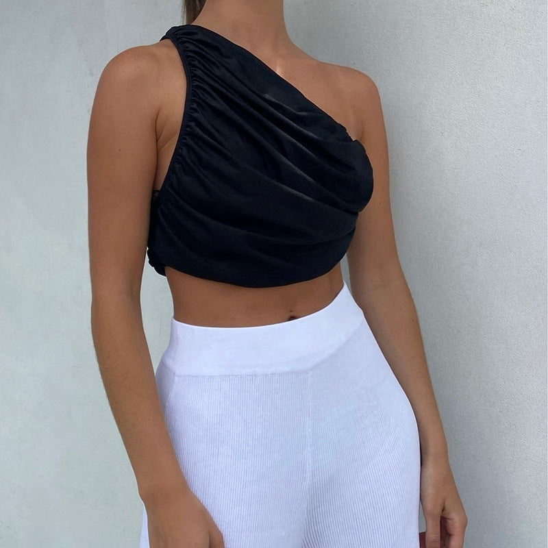Sleeveless One Shoulder Solid Color Slim Pleated Women Tank