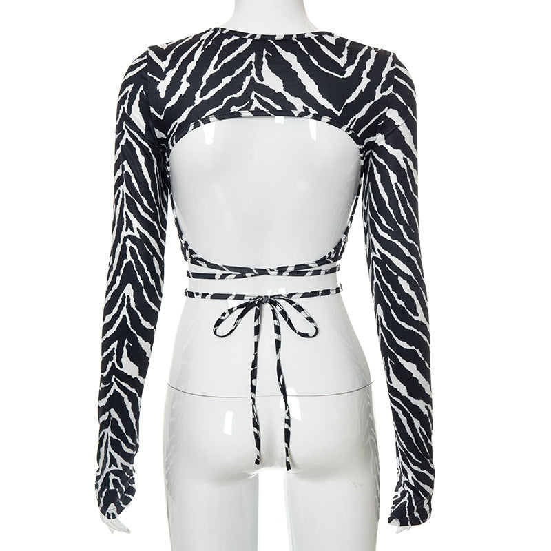Women's Long Sleeve Zebra Lace Up Backless Sexy Top