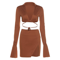 Women's Long-sleeved Straps Cropped Top Short Dress 2 Piece Outfit