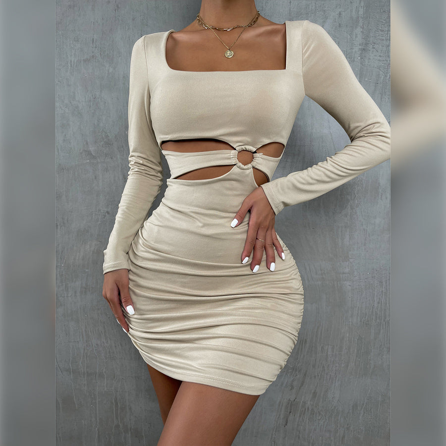 Square Neck Long-sleeved Dresses Autumn and Winter Hollow Women Short Dress