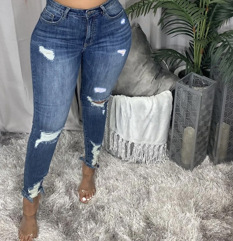 Latest Style Pencil Jeans High Waisted Scrunch Butt Hollow Out Pants Women
