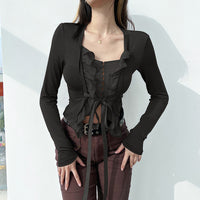 Women's Square Neck Long Sleeve Sexy Cardigan See Through Top