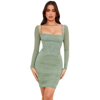 Green High Waisted  Halter Type Square Neck Dress Long Sleeve Shawl Women Two-piece Dress