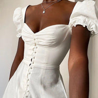 White Front Button Bubble Short-sleeved Long Dresses Women