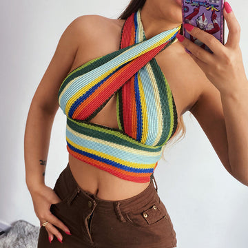 Colorful Sleeveless Slim Knit Crossover Camisole Tops for Women