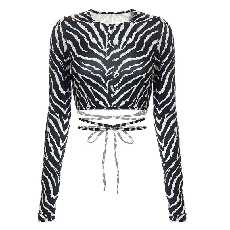 Women's Long Sleeve Zebra Lace Up Backless Sexy Top