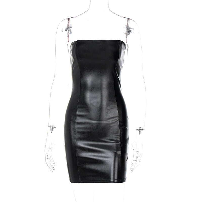 Women's Strapless Off The Shoulder Sleeveless Black Leather Dress