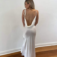 Solid Colour Lace-up Halter Metallic Chain Backless Split Dress