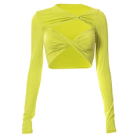 Green Long Sleeve Double Twist Knot Hollow Out Tops Women