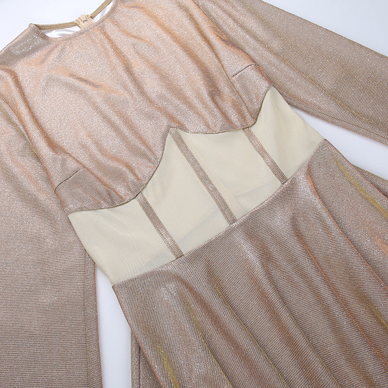Women's Dress Solid Color Bright Silk Slim Slim Waist Long Sleeve Perspective Jumpsuit Skirt