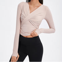 Breathable Long-sleeved V-neck Yoga Wear Ruched Sports Tops for Women