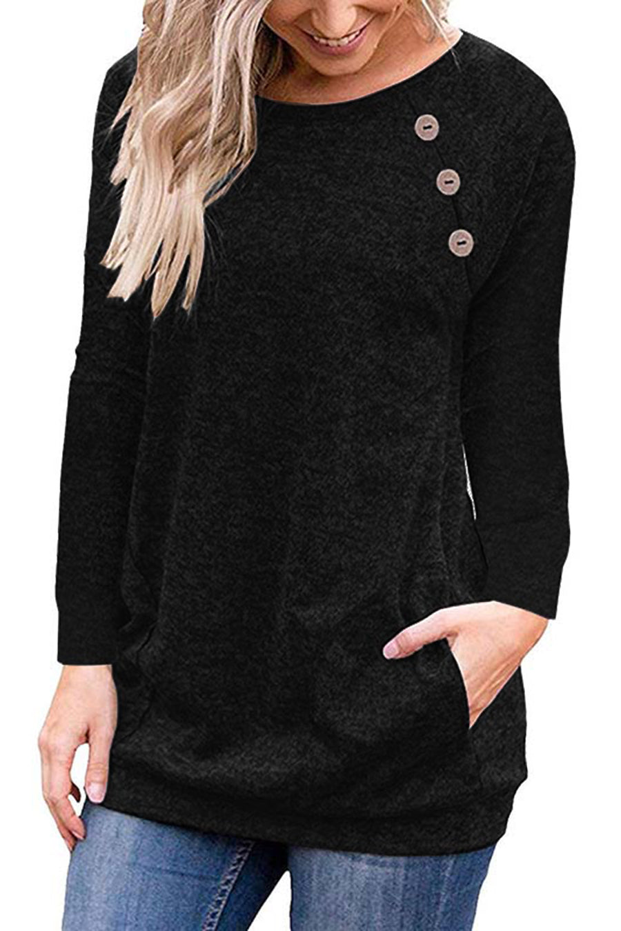 Women's Solid Crew Neck Raglan Button Stitched Long Sleeve T-shirt