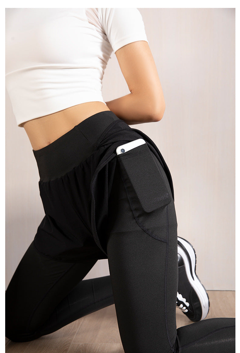 Fake Two-piece Leggings Women's High Waisted Fitness Trousers and Quick-drying Running Pocket Yoga Pants