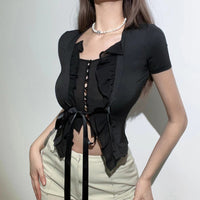 Women's Square Neck Short-sleeved Tops See-through Strappy T-shirt