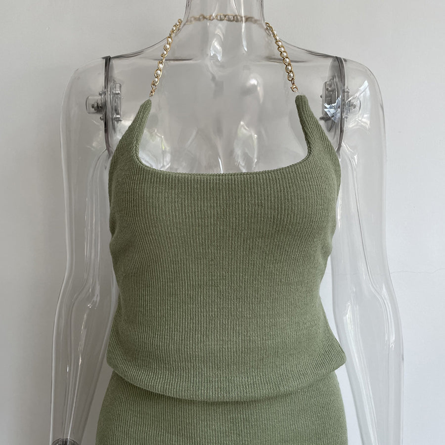 Green Halter Type High-waisted Mid-length Skirt Temperament Two-piece Women Dress
