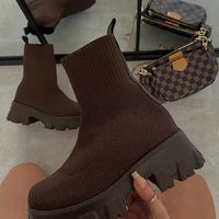 Women Boots Round Head Thick Bottom Middle Heel Knitted Martin Boots