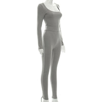 Solid Color Long-sleeved Jumpsuit High-waisted Yoga Pants Elastic Fabric Bodysuit and Long Pant Sets