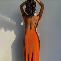 Women's Solid Color Halter Sleeveless Low-cut High-waisted Pleated Long Dresses