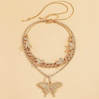 Jewelry Vintage Butterfly Cuba Necklace Full of  Rhinestone Metal Chain