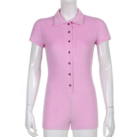 Women's Solid Color Close Fitting Lapel Button Short Sleeves Bodysuit