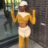Women's Hooded Drawstring Long-sleeved Tops High Waisted Jumpsuit Sports Fittness Sets