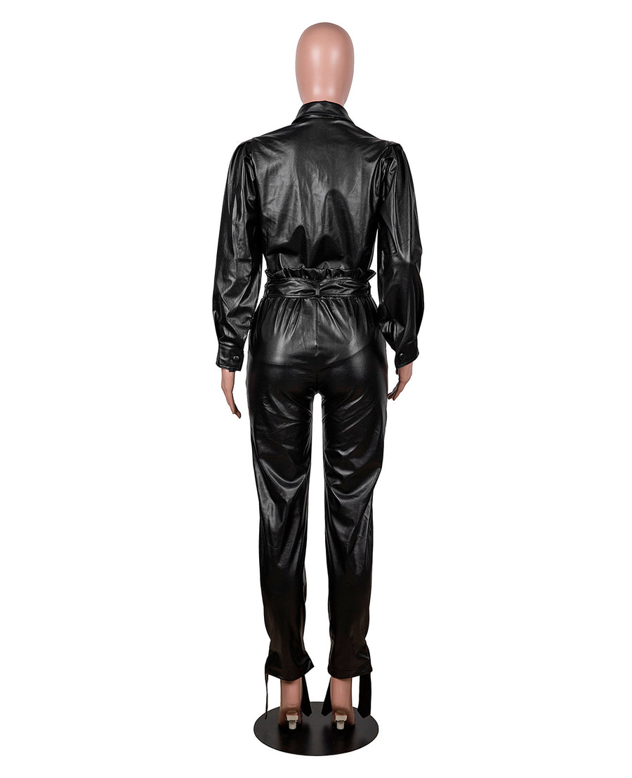 Women's Leather Long-sleeved Black Jumpsuit Plus Size with Pocket Romper