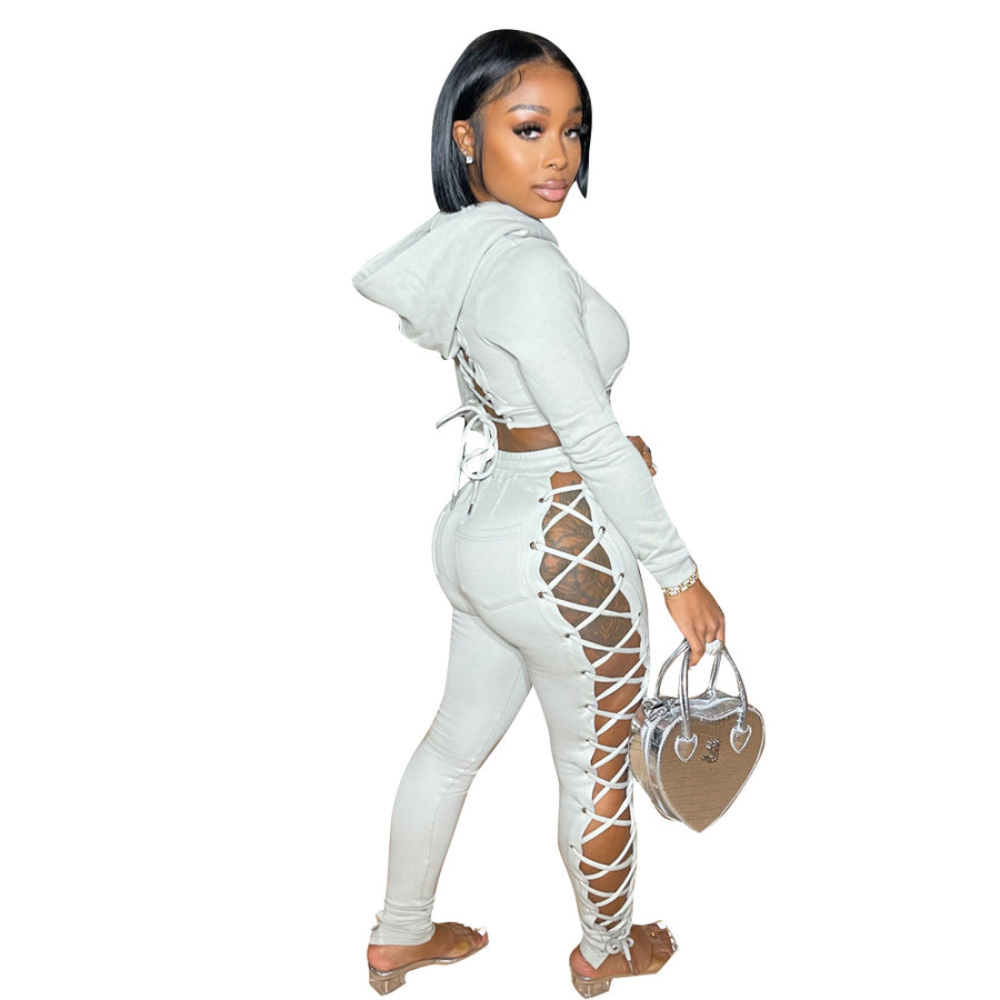 Tied Rope Pure Color Hoody Set Hollow Out Jumpsuit Two-piece Women Romper