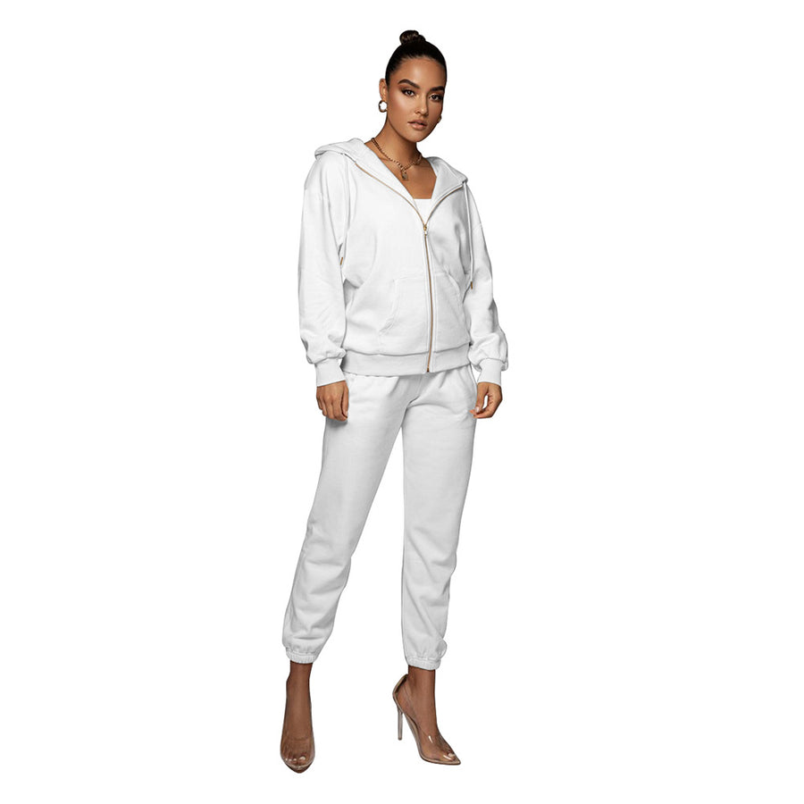 Women's Tracksuit Solid Color Zipper Hooded Collar Long Sleeve Outfit