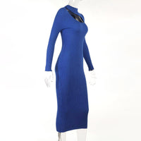 High Collar Hollow Woolen Weave High Waist Long Sleeve Women's Dress