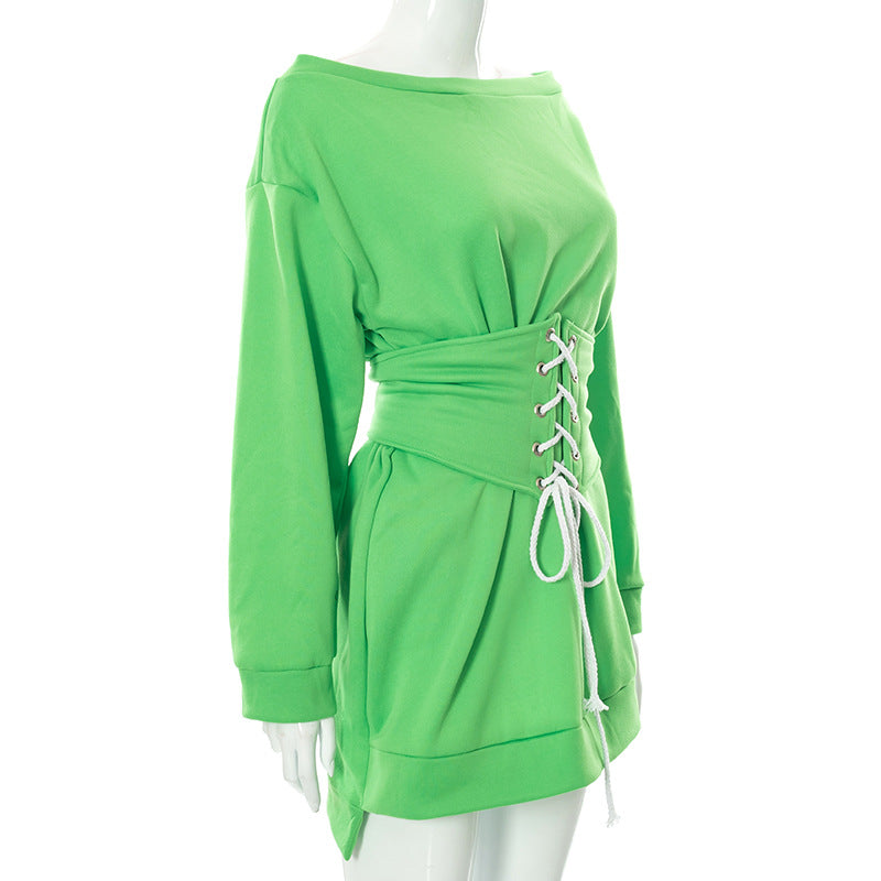 Women's Solid Color with Waist Long Sleeve Skirt