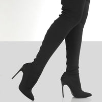 Women's Solid Color Flying Knitted Knee High-heeled Boots
