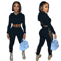Tied Rope Pure Color Hoody Set Hollow Out Jumpsuit Two-piece Women Romper